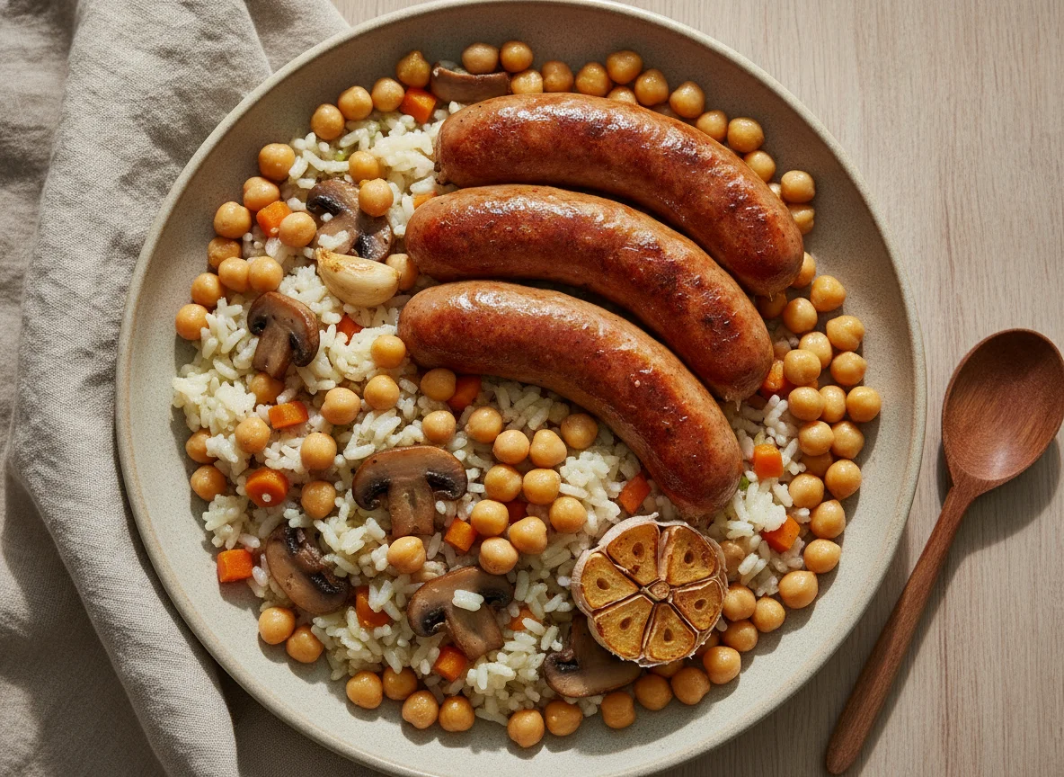 Sausages with vegetable rice and chickpeas photo