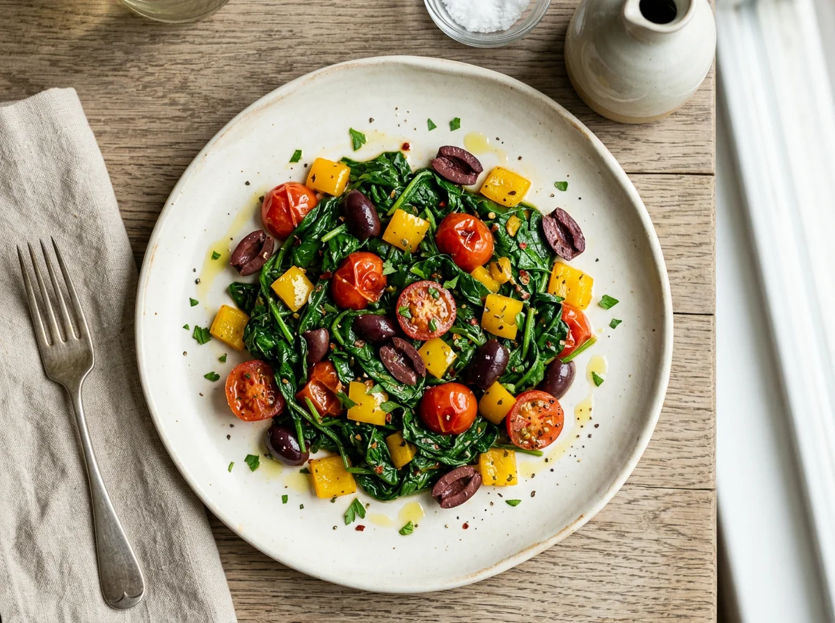 Sautéed Spinach with Tomatoes, Bell Pepper, and Olives photo