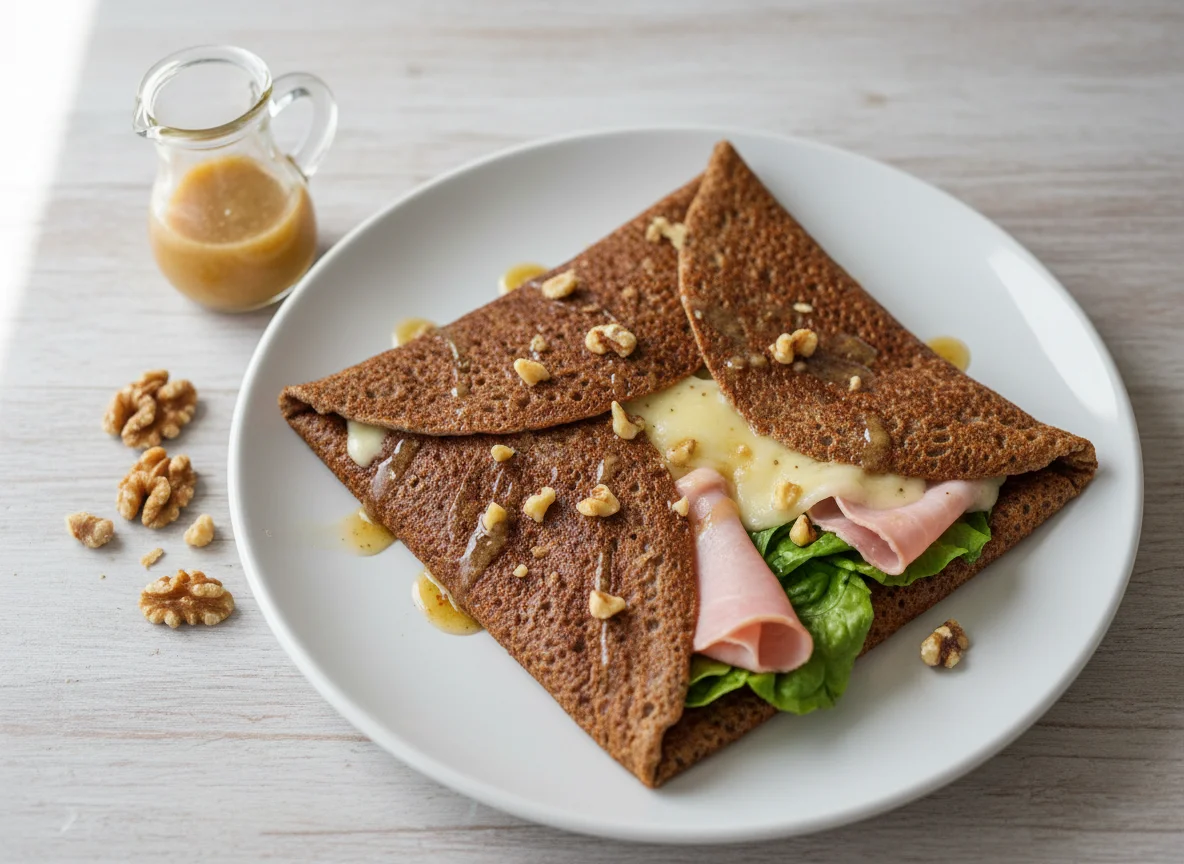 Savory Buckwheat Crepe with Ham, Cheese, Lettuce, Walnuts, and Dressing photo