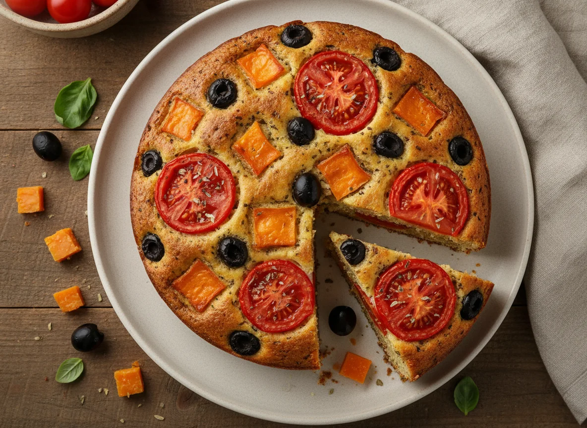 Savory cake with tomatoes, olives and cheese photo