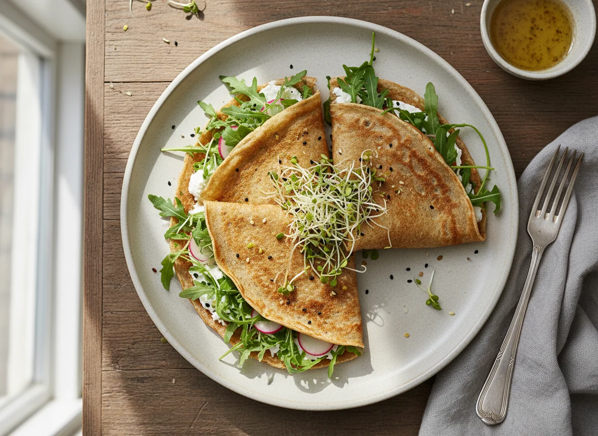 Savory Crepes with Arugula, Cream Cheese and Sprouts photo