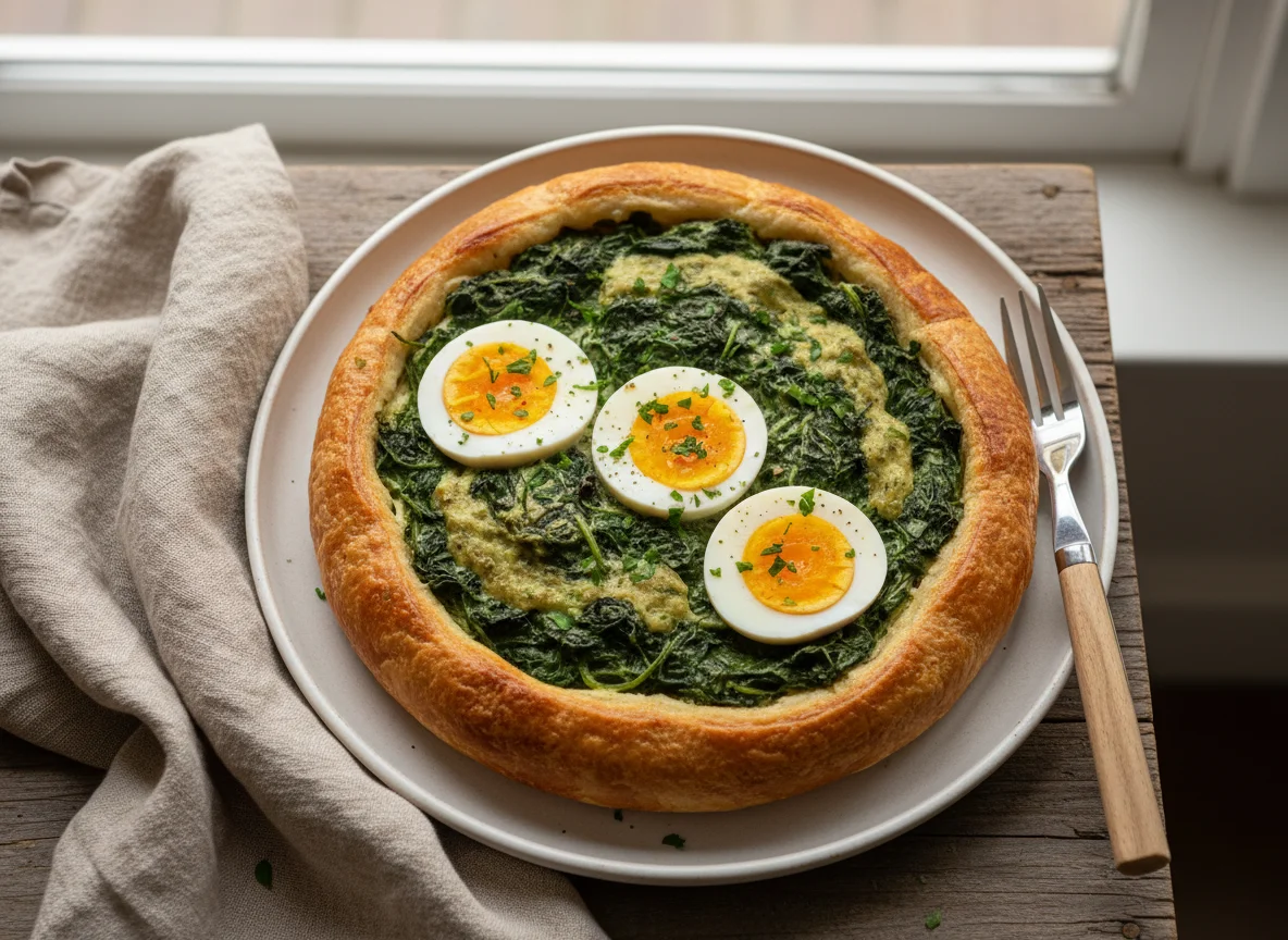 Savory pastry with spinach and egg filling photo