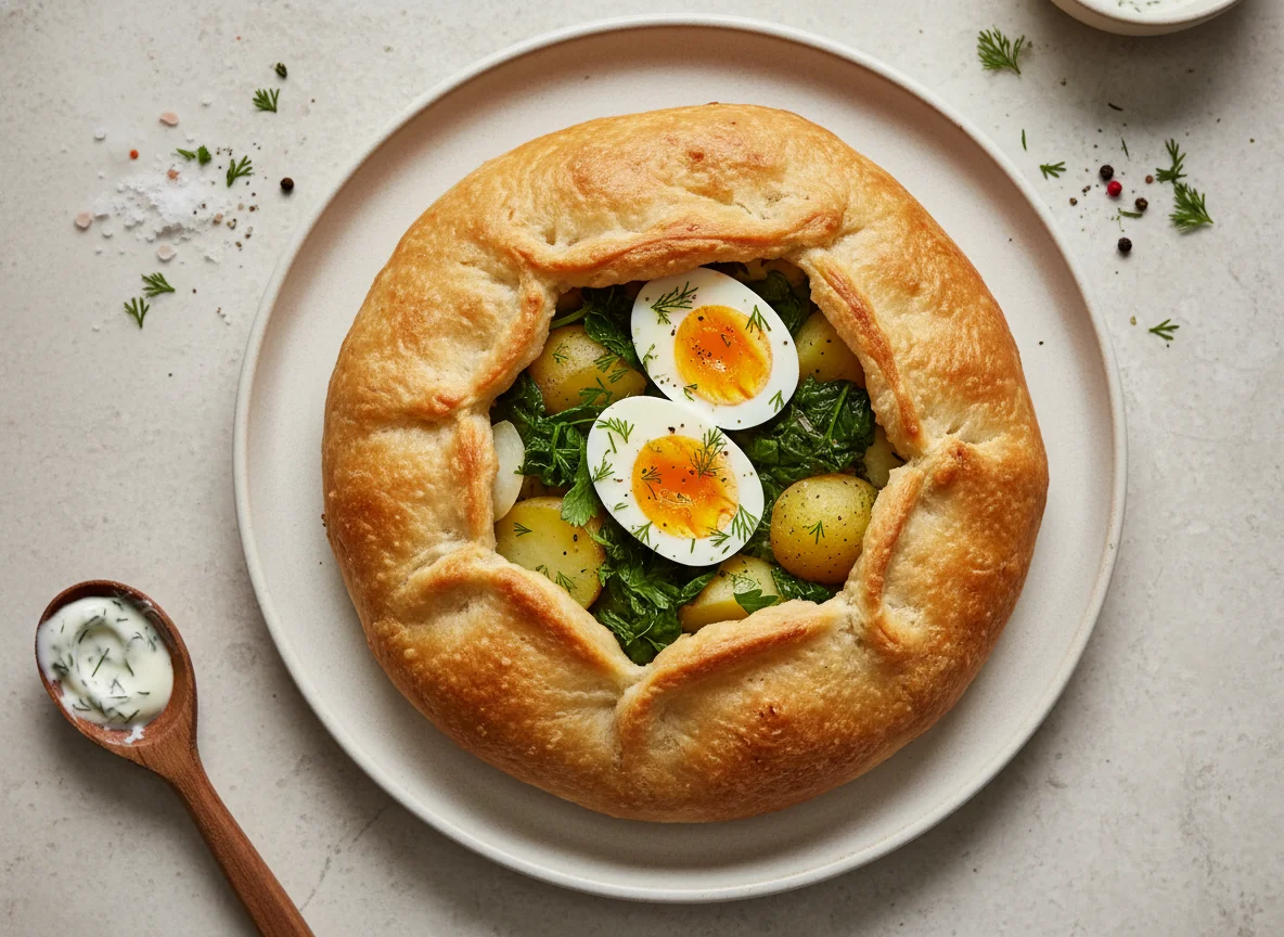 Savory pastry with spinach, potato, and egg filling photo