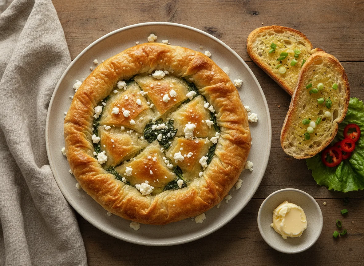 Savory Pie with Cheese and Toasted Bread photo