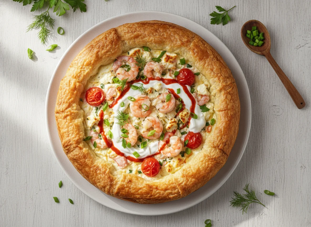 Savory pie with feta, shrimps, and tomatoes photo