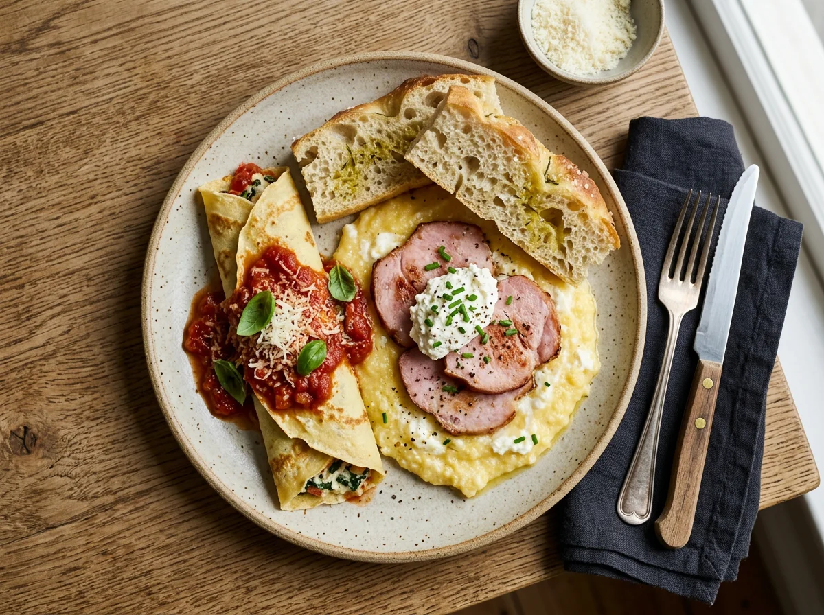 Savory Polenta Plate with Ham and Cheese photo