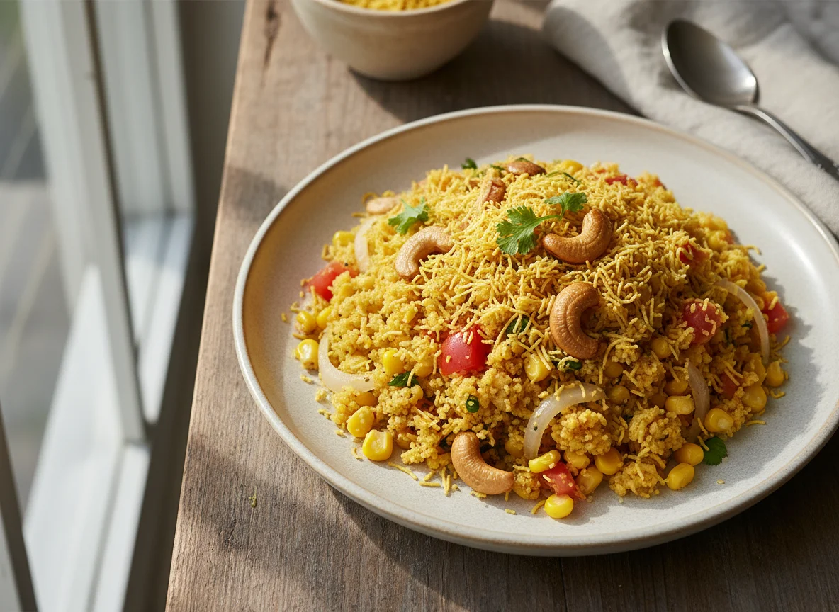 Savory Semolina Upma with Vegetables and Sev photo