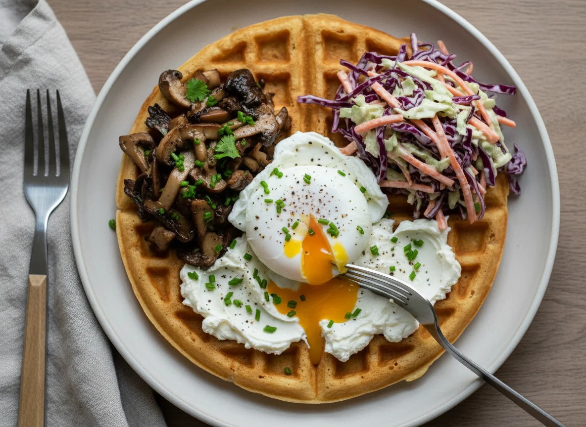 Savory Waffle Breakfast with Mushrooms and Coleslaw photo