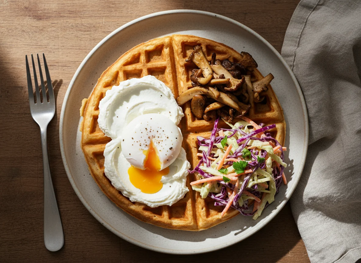Savory Waffle Breakfast with Salad and Mushrooms photo