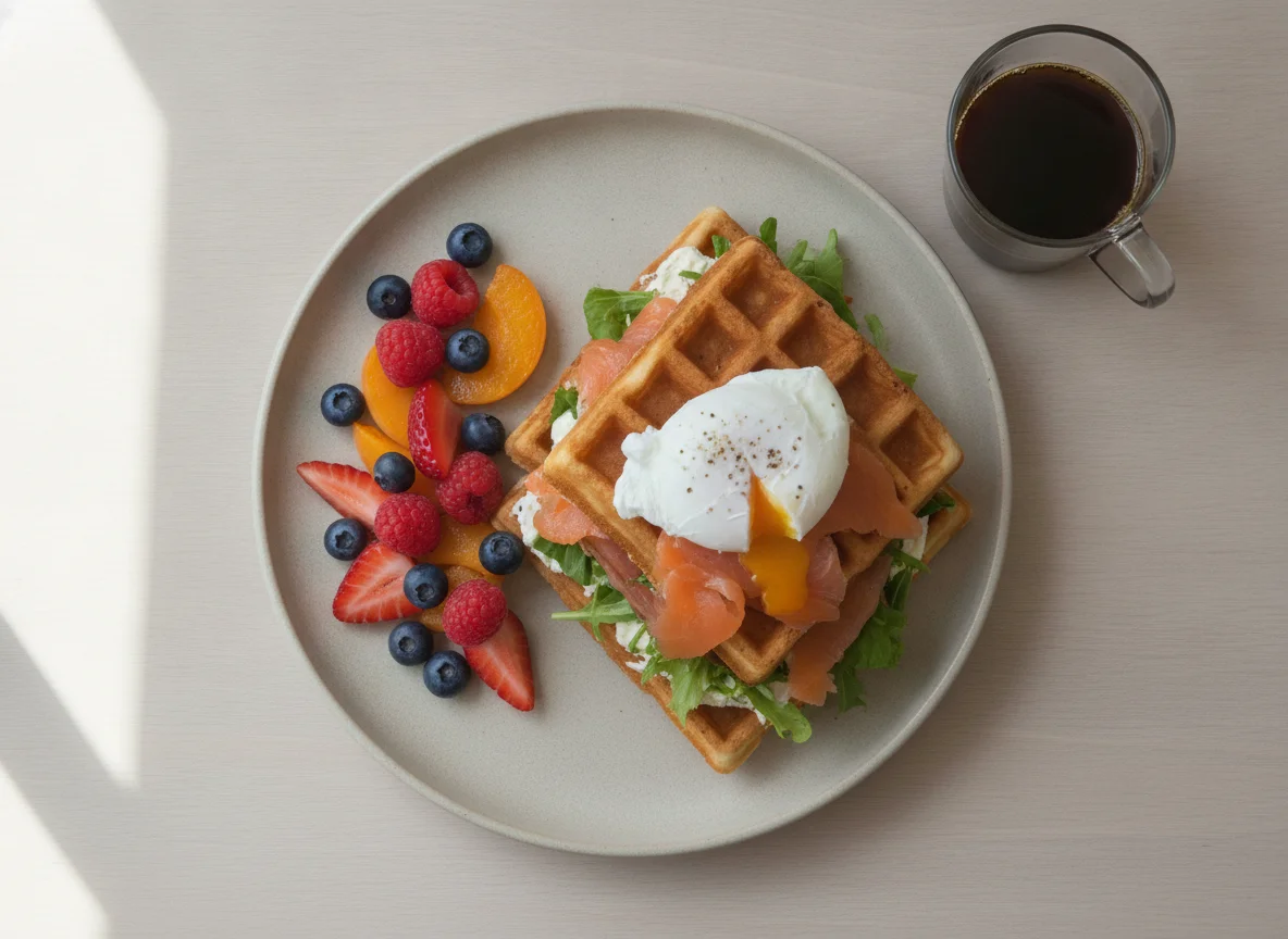 Savory Waffle Sandwich with Poached Egg and Mixed Fruit photo