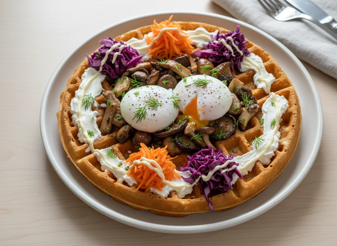Savory Waffle with Poached Egg and Mushrooms photo