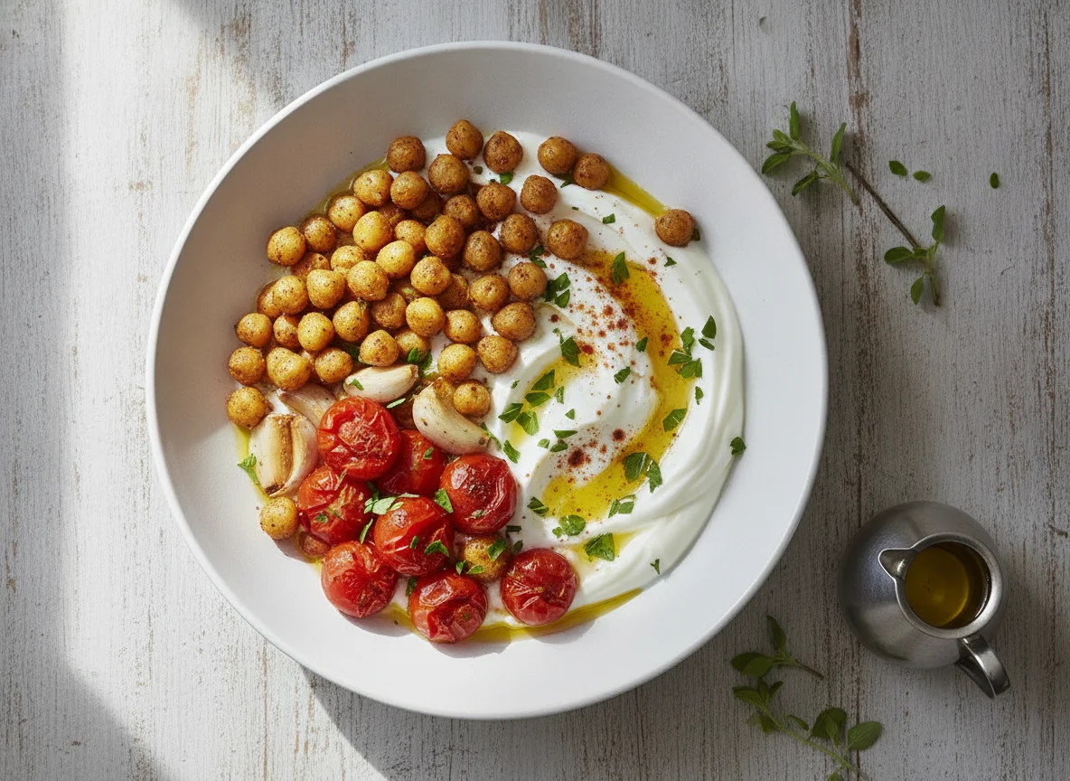 Savory Yogurt Bowl with Roasted Chickpeas and Tomatoes photo