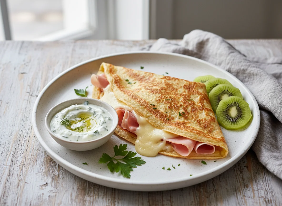 Savoury Crepe with Ham and Cheese, Tzatziki-style Dip and Kiwi photo