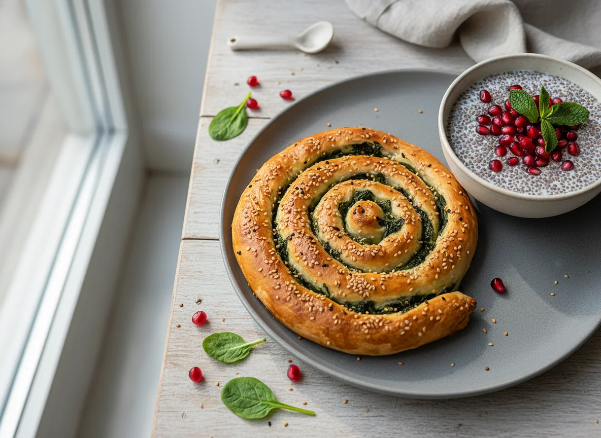 Savoury pastry with chia pudding and pomegranate photo