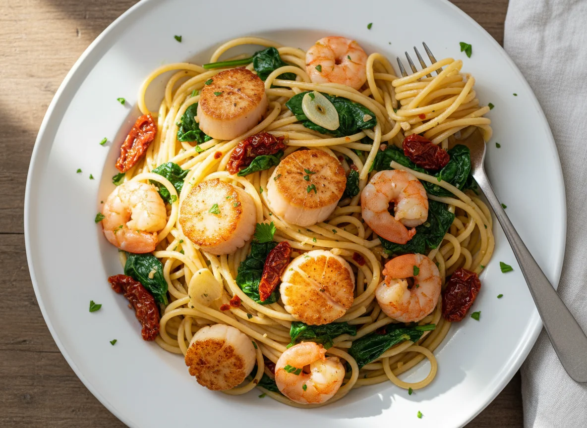 Scallop and Shrimp Spaghetti with Spinach and Sun-dried Tomatoes photo
