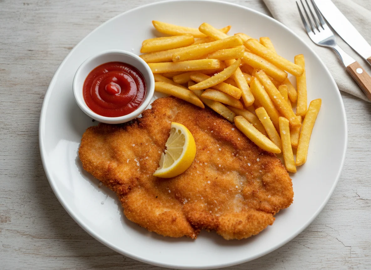 Schnitzel with French Fries and Ketchup photo