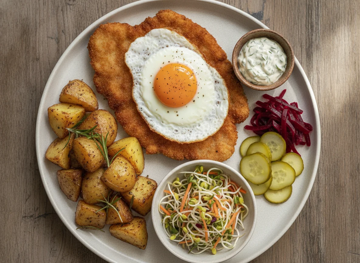 Schnitzel with Fried Egg, Roasted Potatoes, and Pickles photo