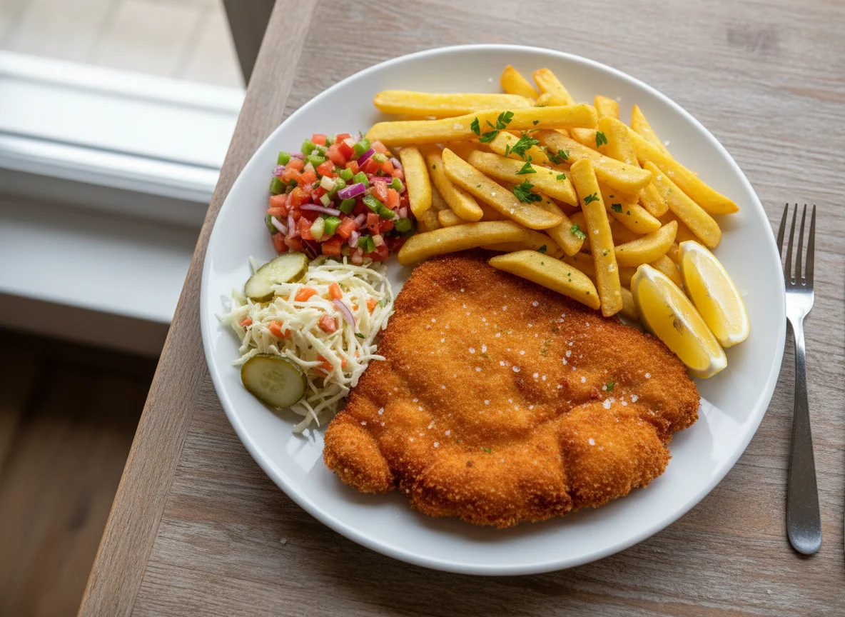 Schnitzel with fries and salads photo