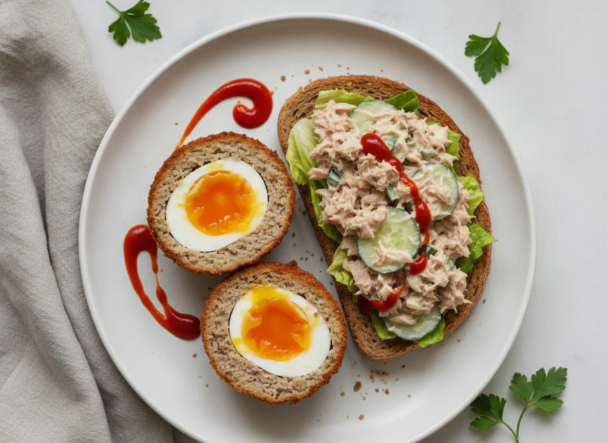 Scotch egg and tuna salad on toast photo