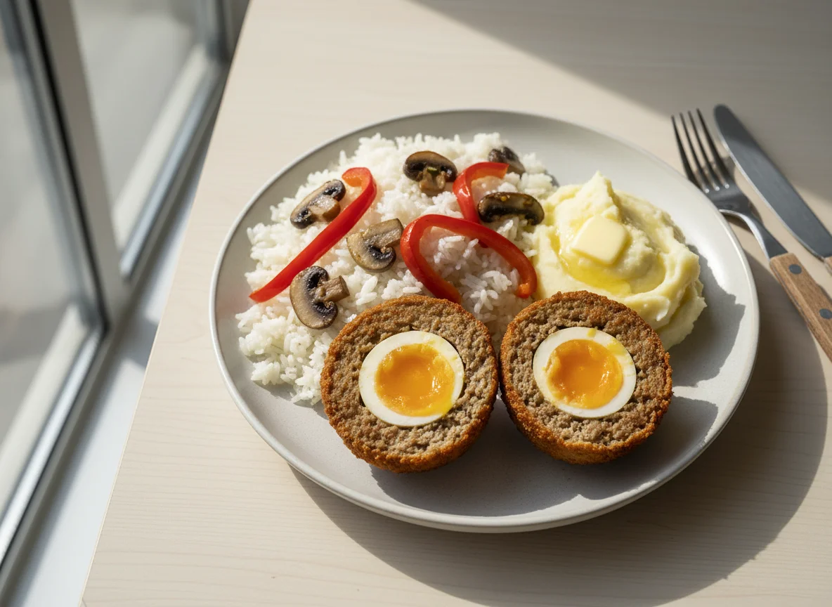 Scotch Eggs with Rice and Vegetables photo