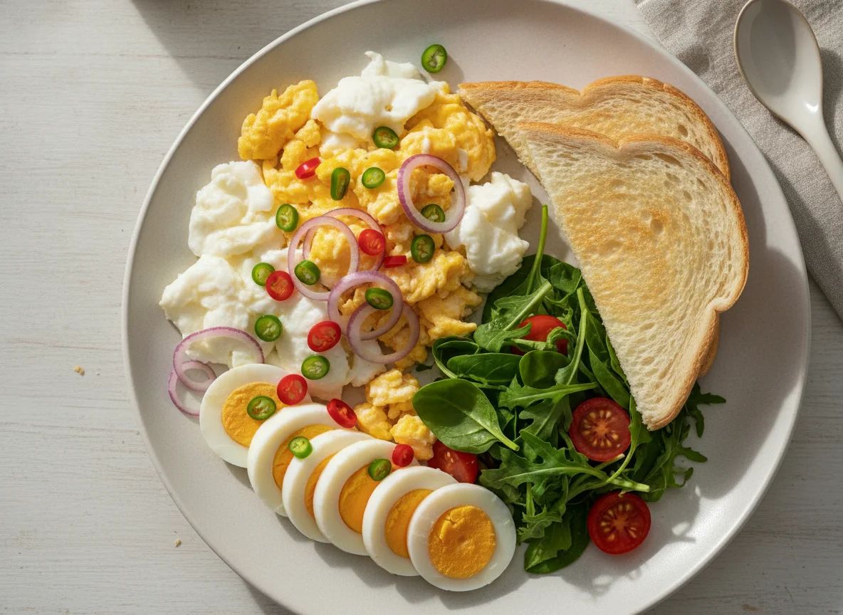 Scrambled and Boiled Egg Mix with Toast photo