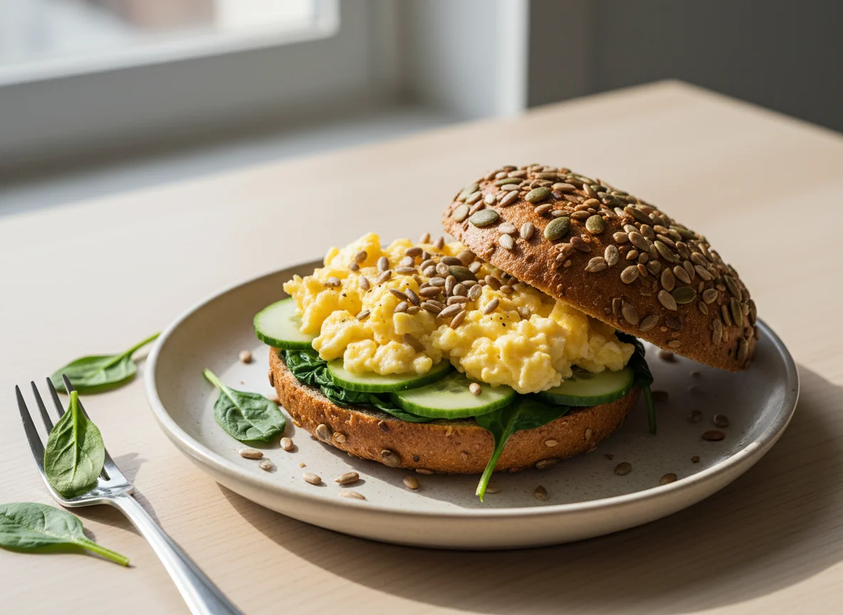 Scrambled Egg and Spinach Sandwich with Seeds photo