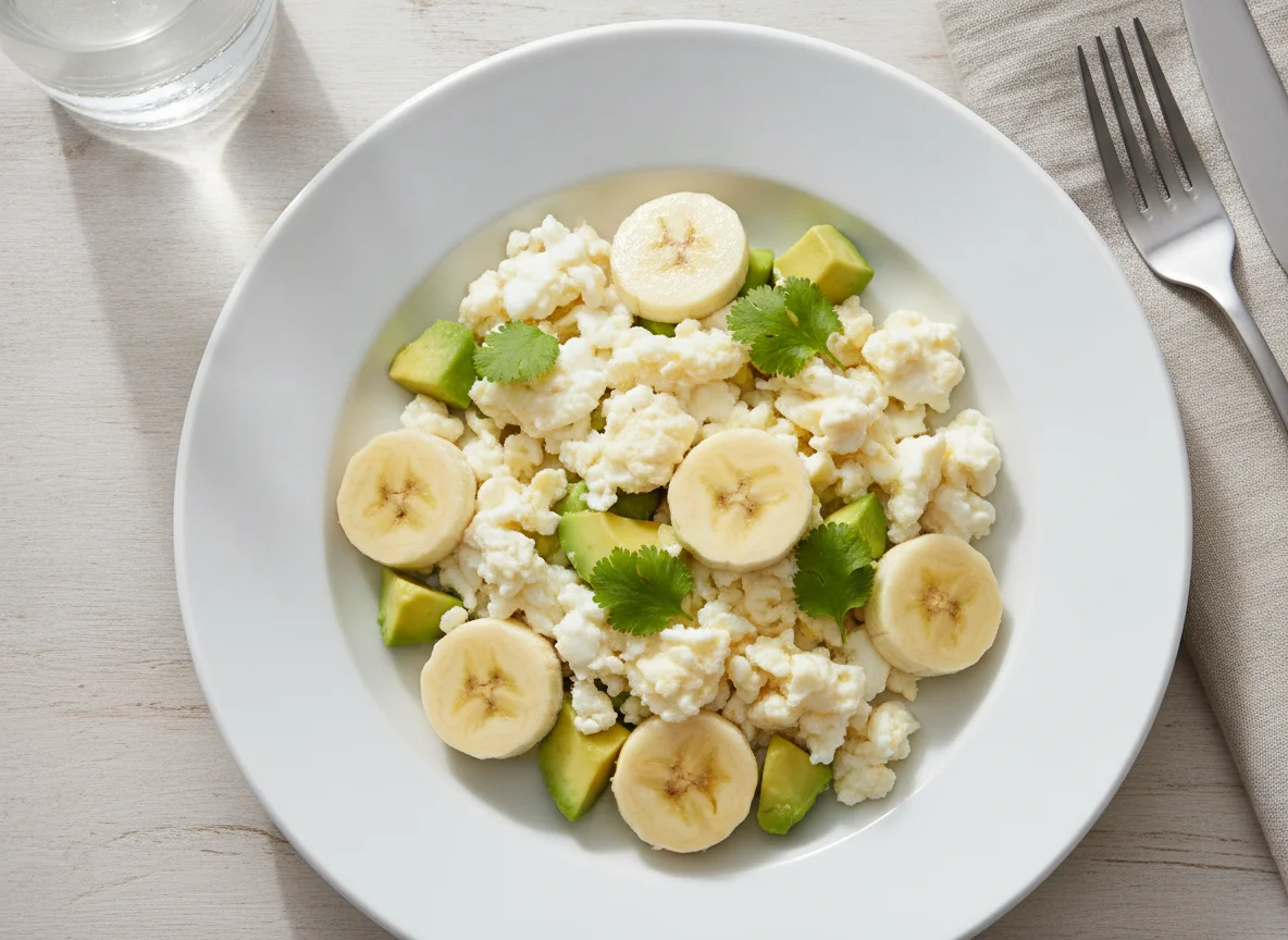 Scrambled egg whites with avocado and banana photo