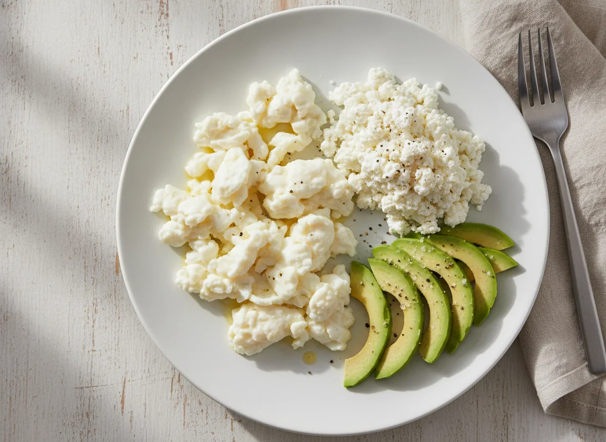 Scrambled egg whites with avocado and cottage cheese photo