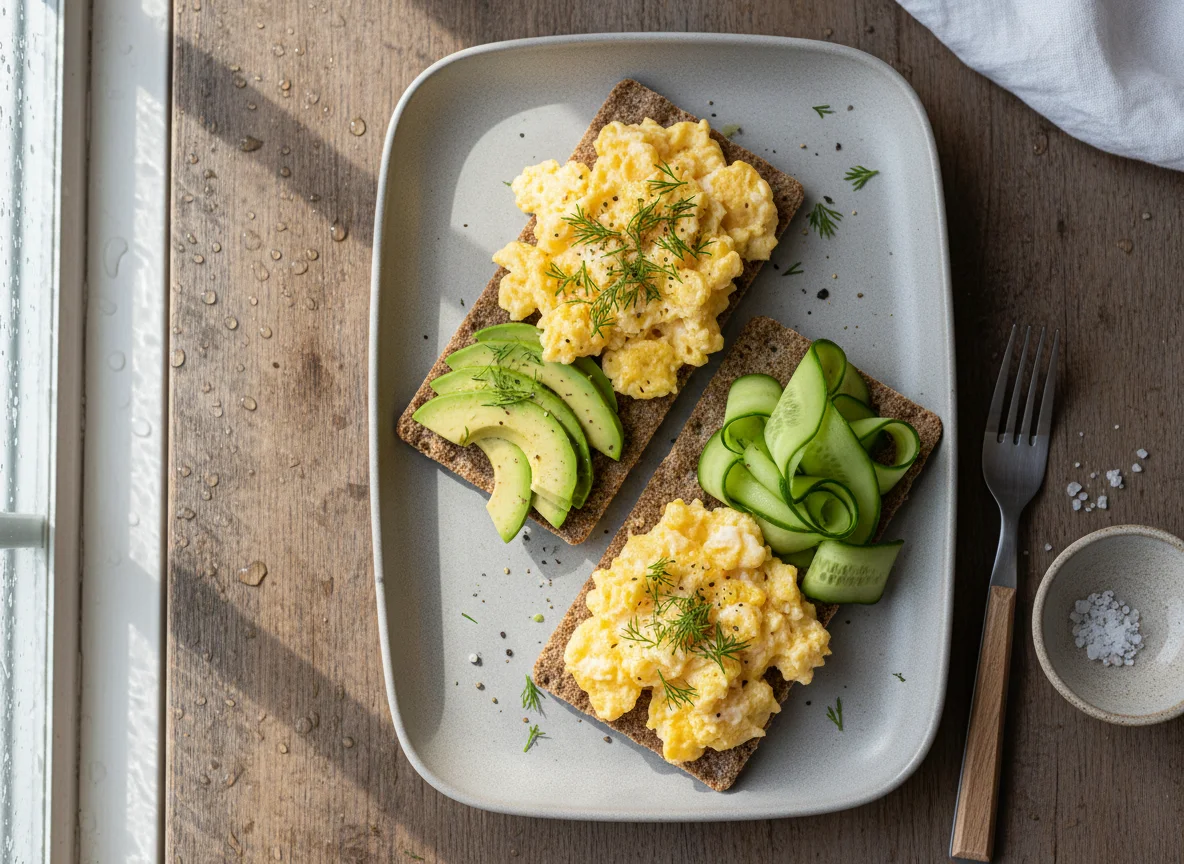 Scrambled Eggs and Avocado on Crispbread with Cucumber photo