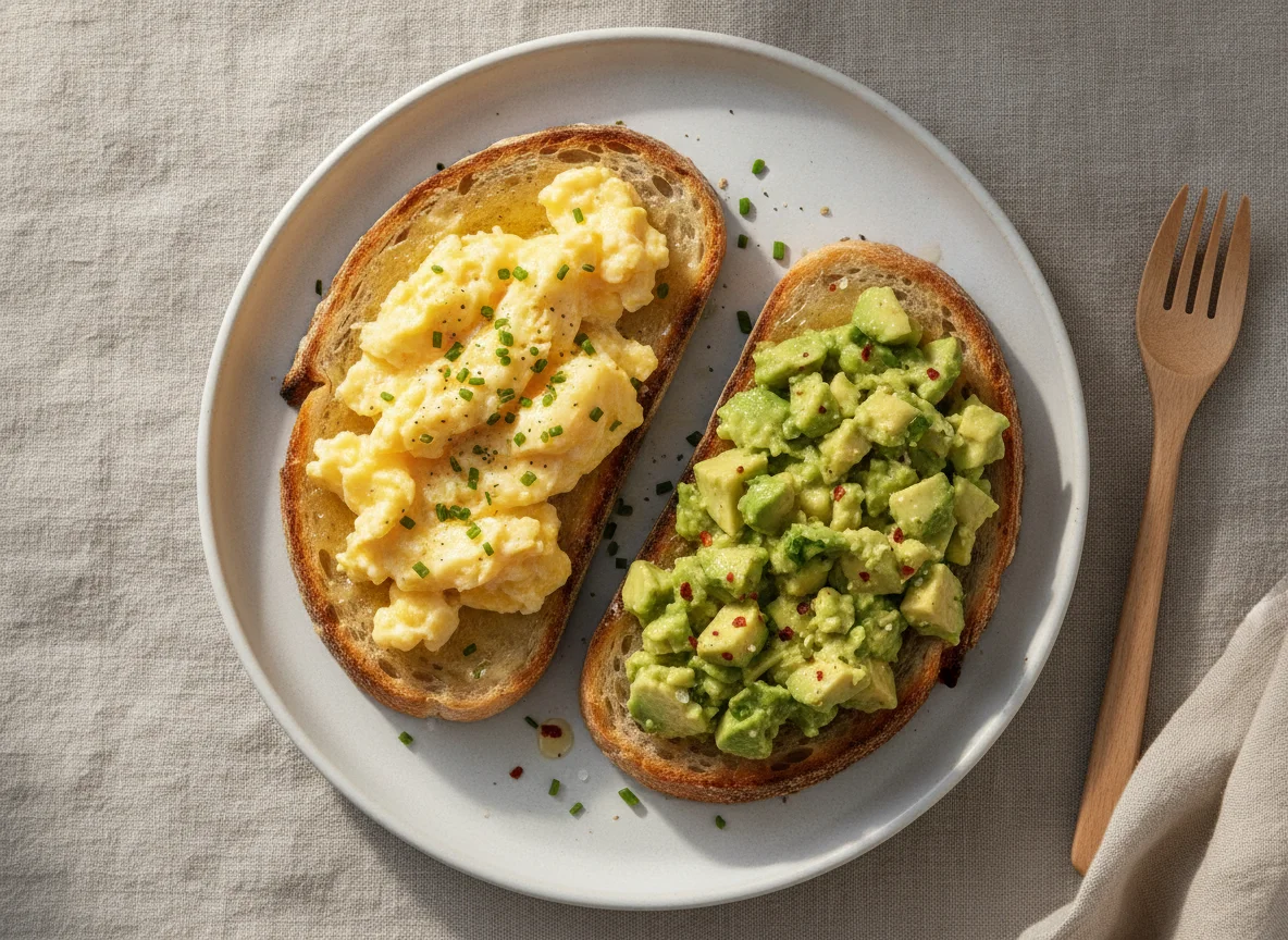 Scrambled eggs and avocado on sourdough toast photo