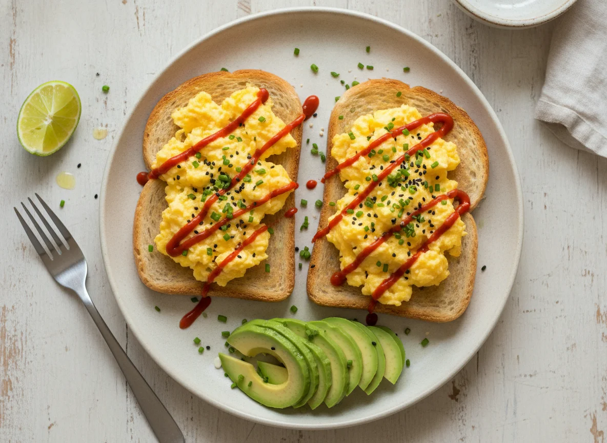 Scrambled eggs and avocado on toast with sriracha photo