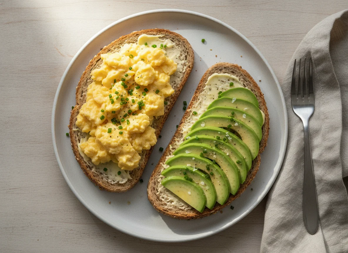 Scrambled eggs and avocado on wholemeal toast photo