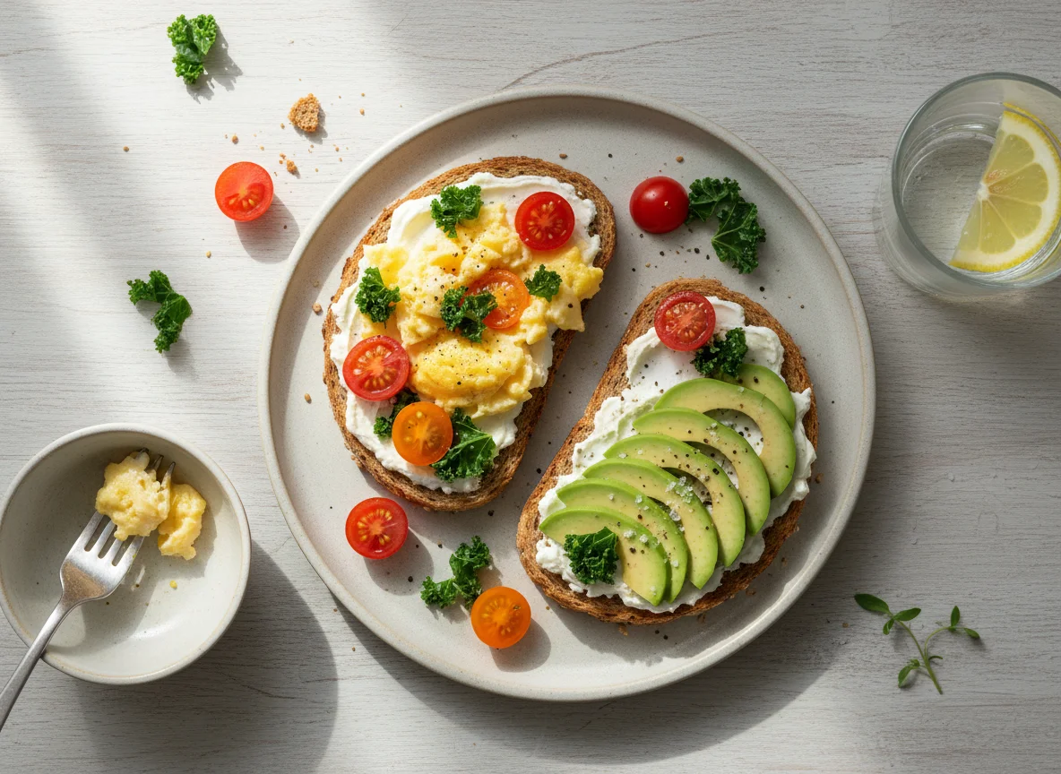 Scrambled Eggs and Avocado Toast with Kale and Cherry Tomatoes photo