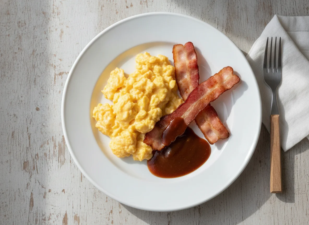 Scrambled eggs and back bacon with brown sauce photo