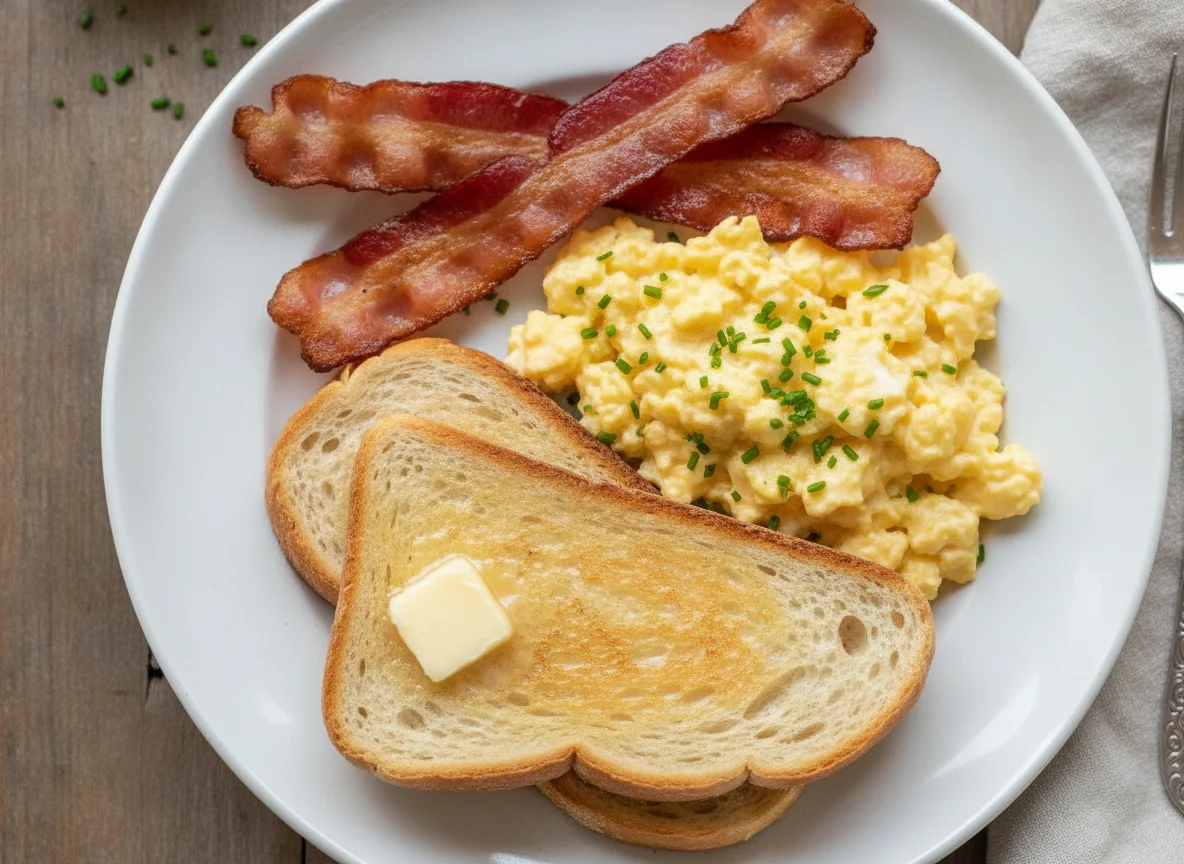 Scrambled eggs and bacon on toast photo