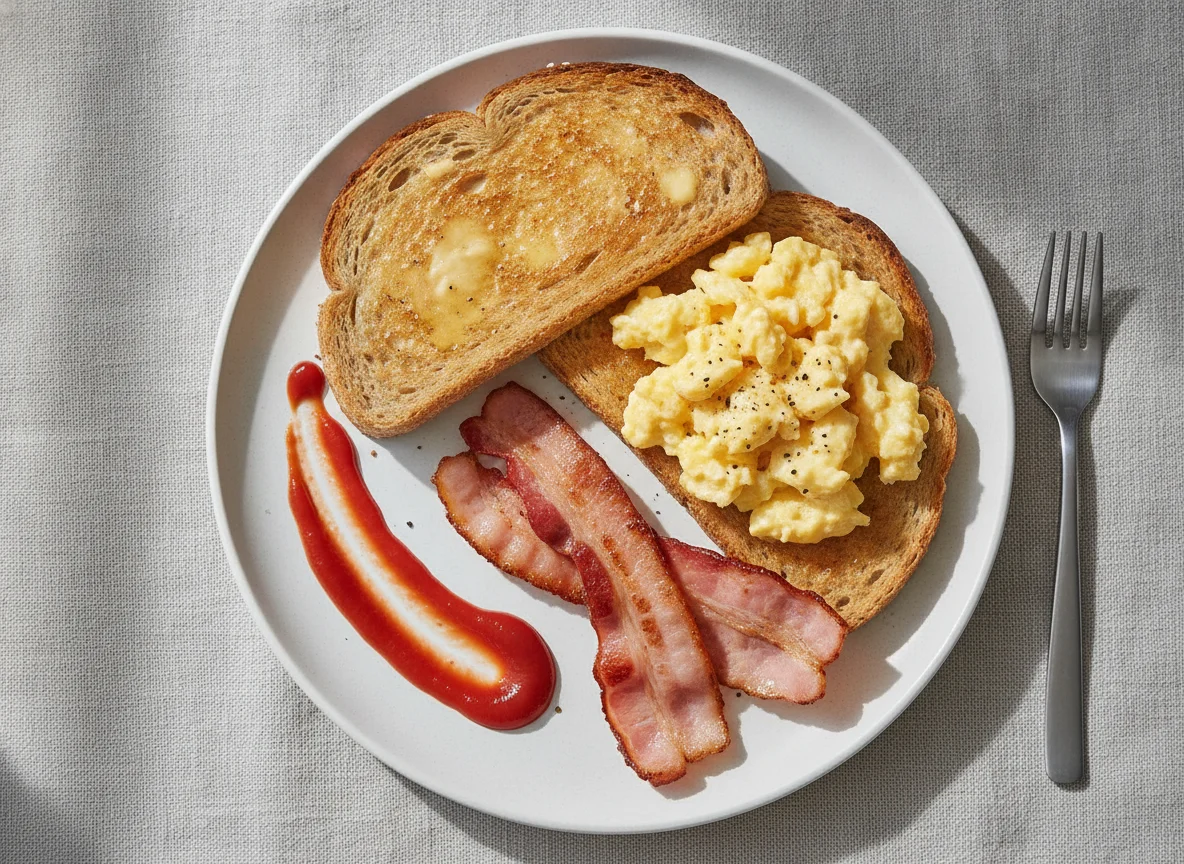 Scrambled eggs and bacon on toast with ketchup photo