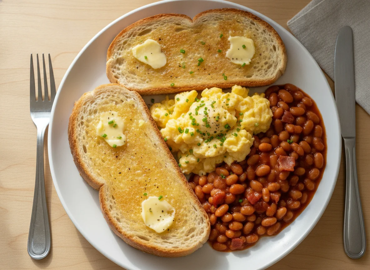 Scrambled eggs and baked beans on toast photo