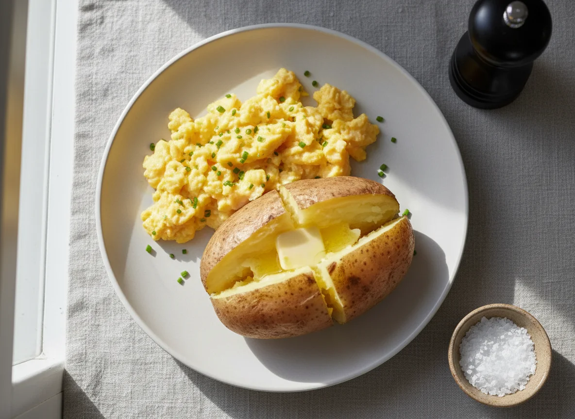 Scrambled Eggs and Baked Potato with Butter photo