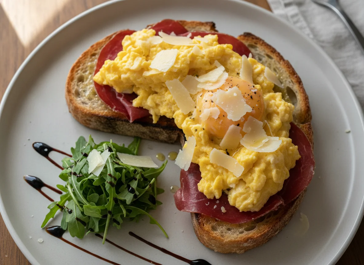 Scrambled Eggs and Bresaola on Sourdough Toast photo