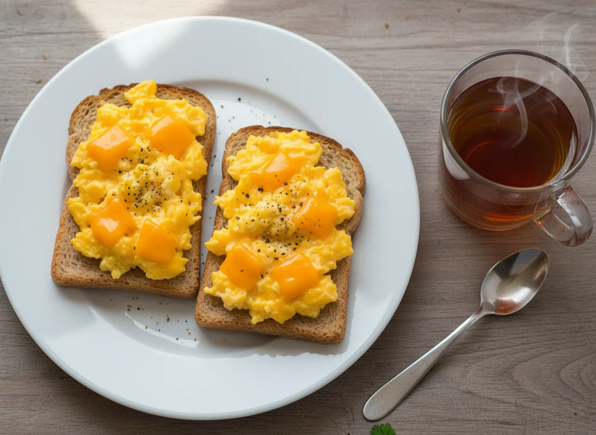 Scrambled Eggs and Cheese on Toast with Tea photo