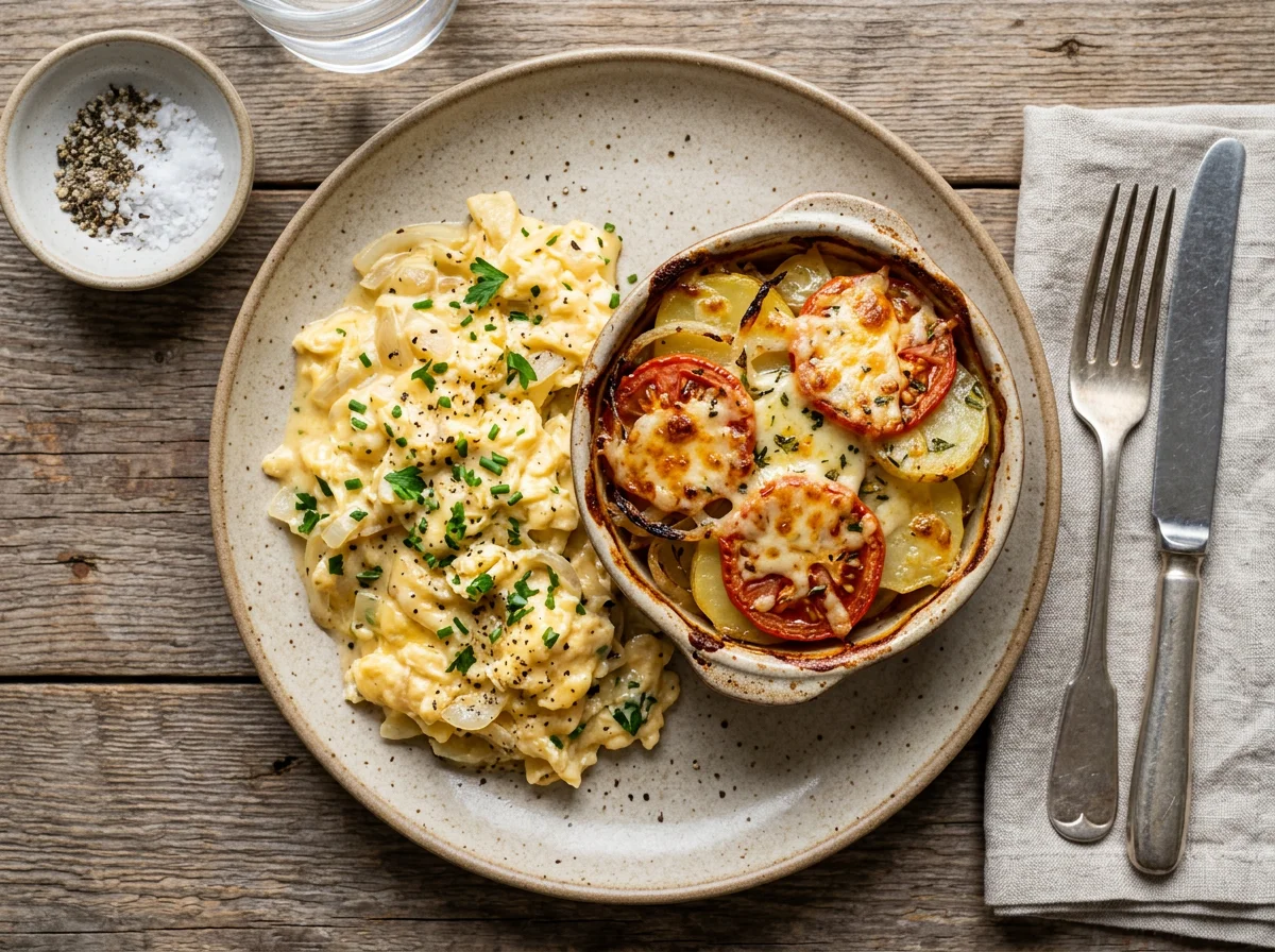 Scrambled Eggs and Cheesy Tomato Gratin photo