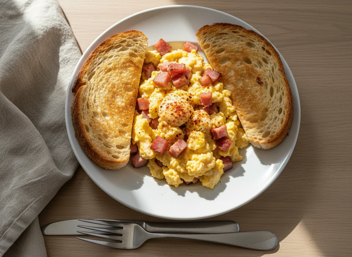 Scrambled Eggs and Ham on Toast photo