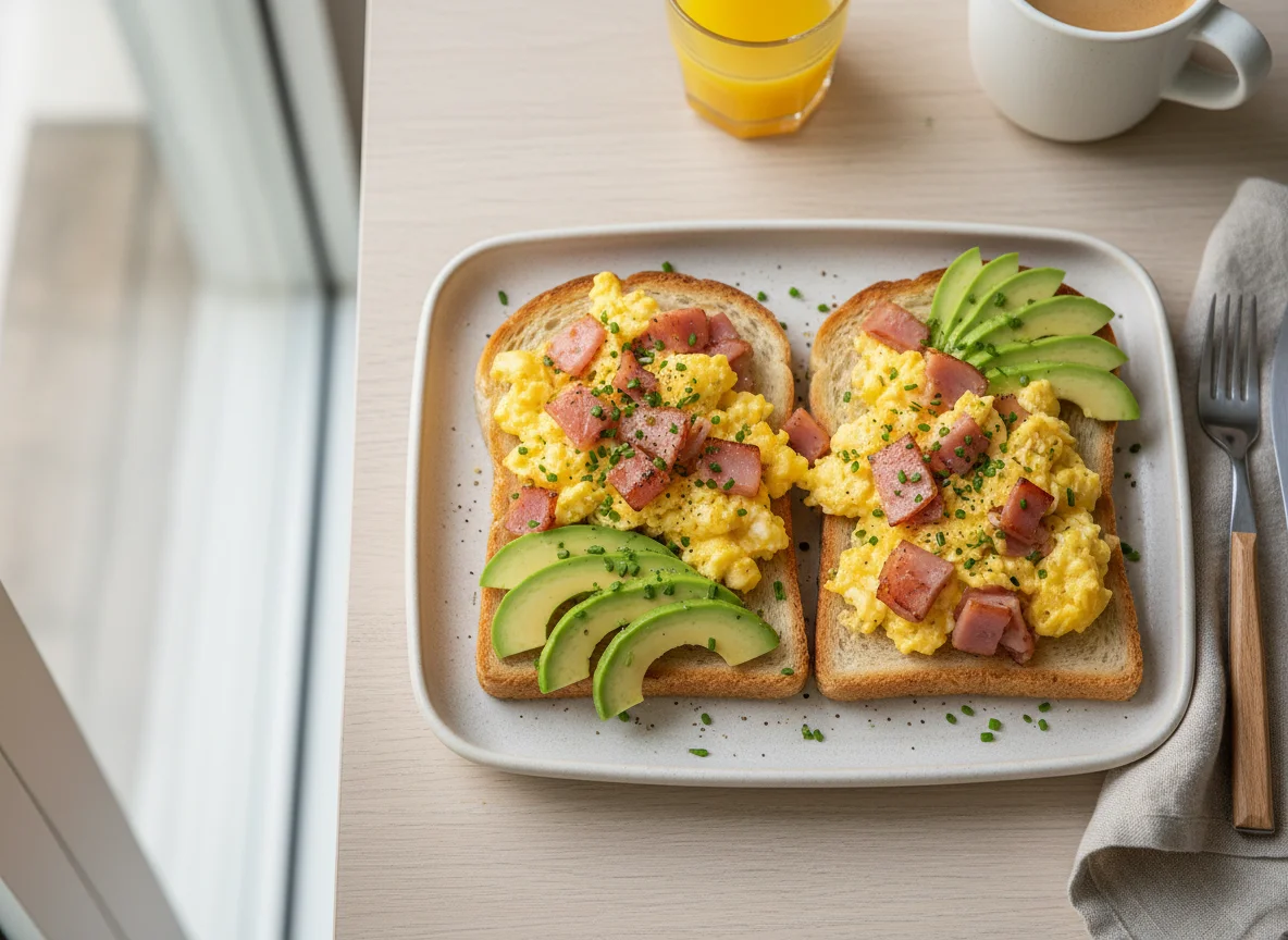 Scrambled Eggs and Ham on Toast with Avocado photo