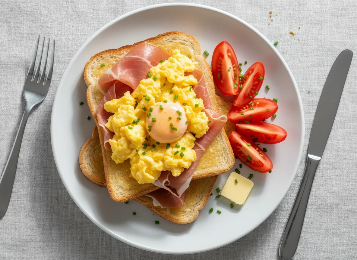 Scrambled eggs and ham on toast with tomatoes photo