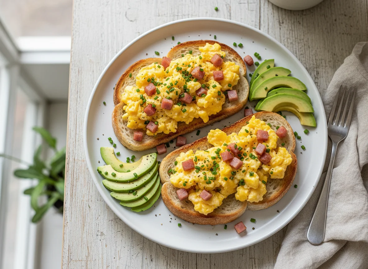 Scrambled Eggs and Ham Toast with Avocado photo