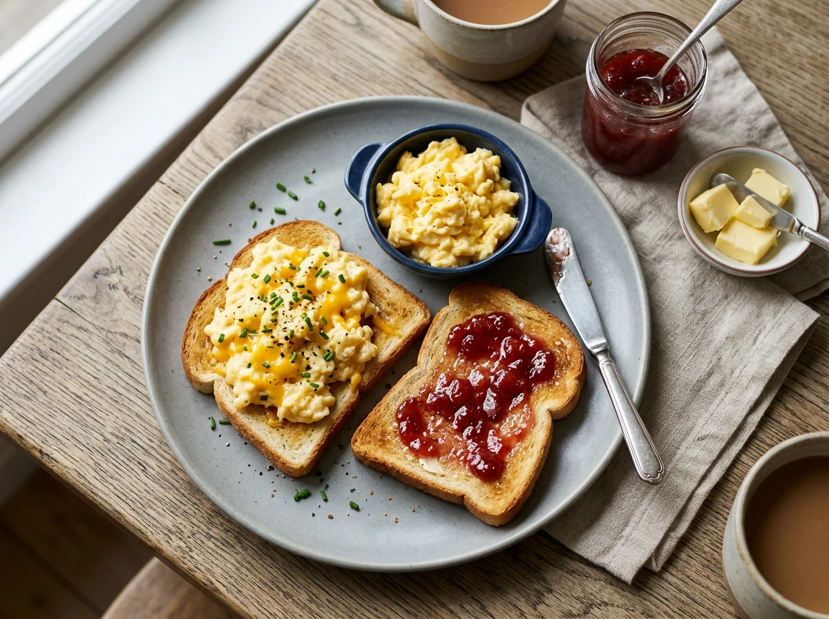 Scrambled Eggs and Jam on Toast photo