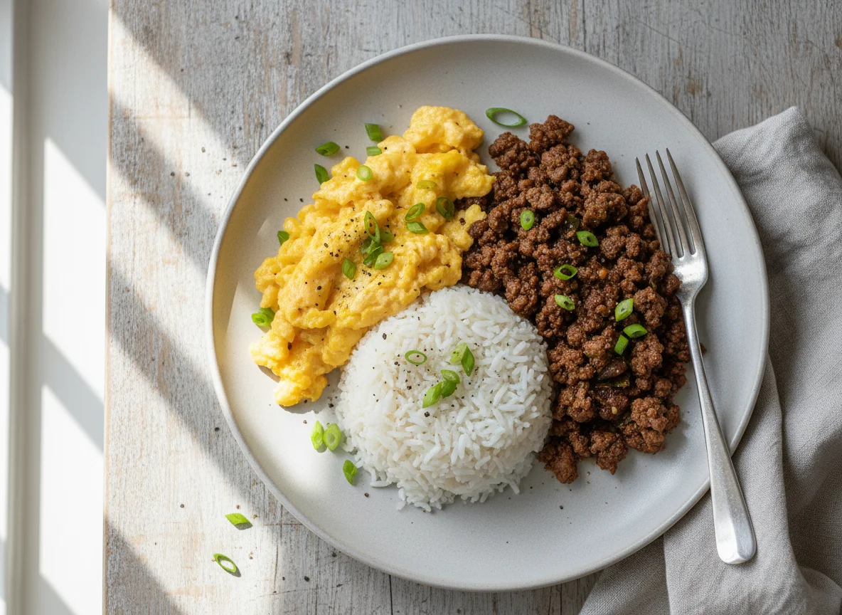 Scrambled Eggs and Minced Meat with Rice photo