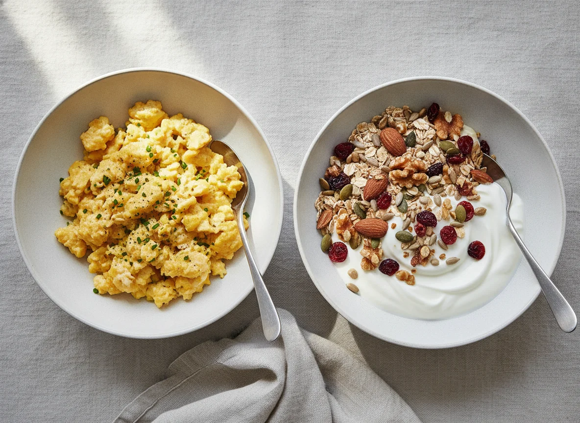 Scrambled eggs and muesli with yogurt photo