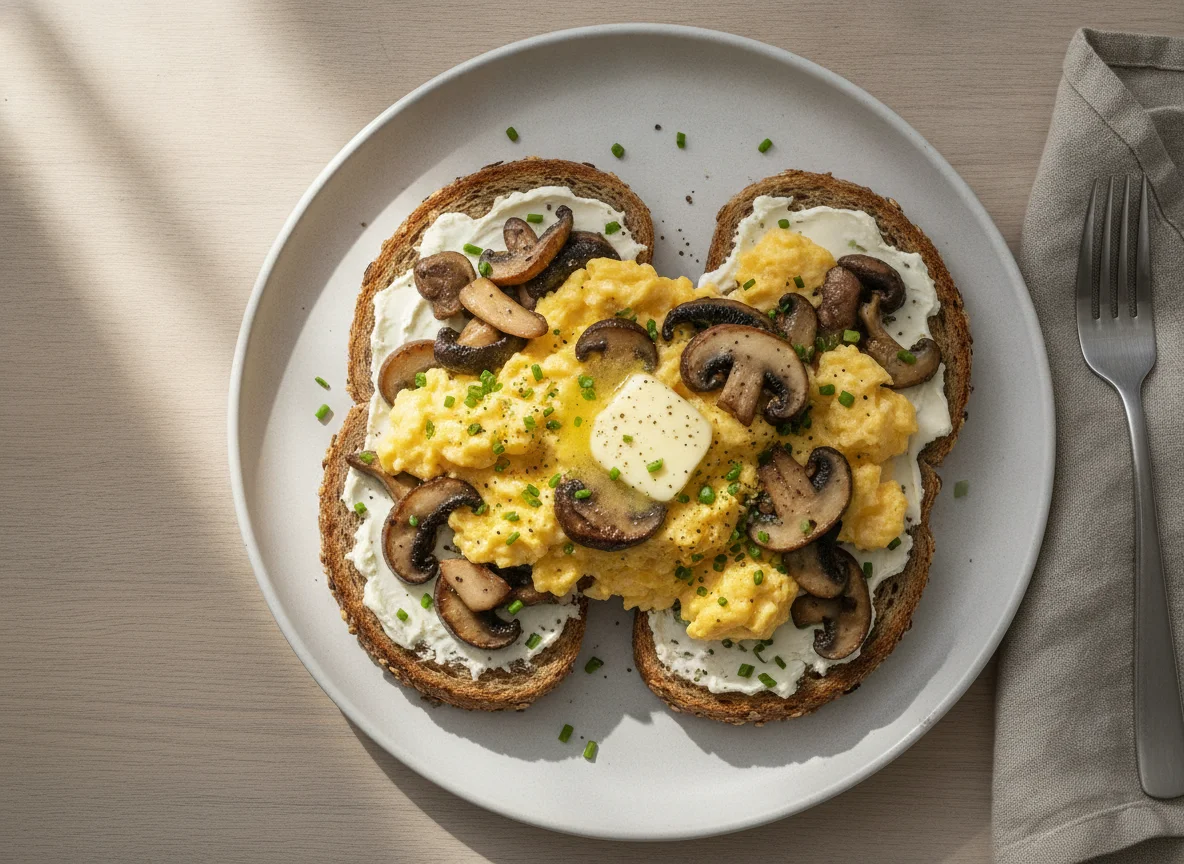 Scrambled eggs and mushrooms on toast with cream cheese photo