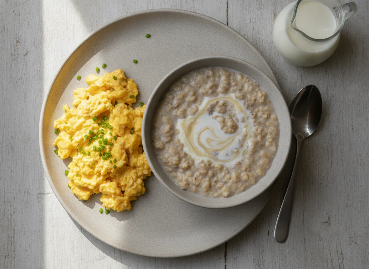 Scrambled eggs and oatmeal with milk photo